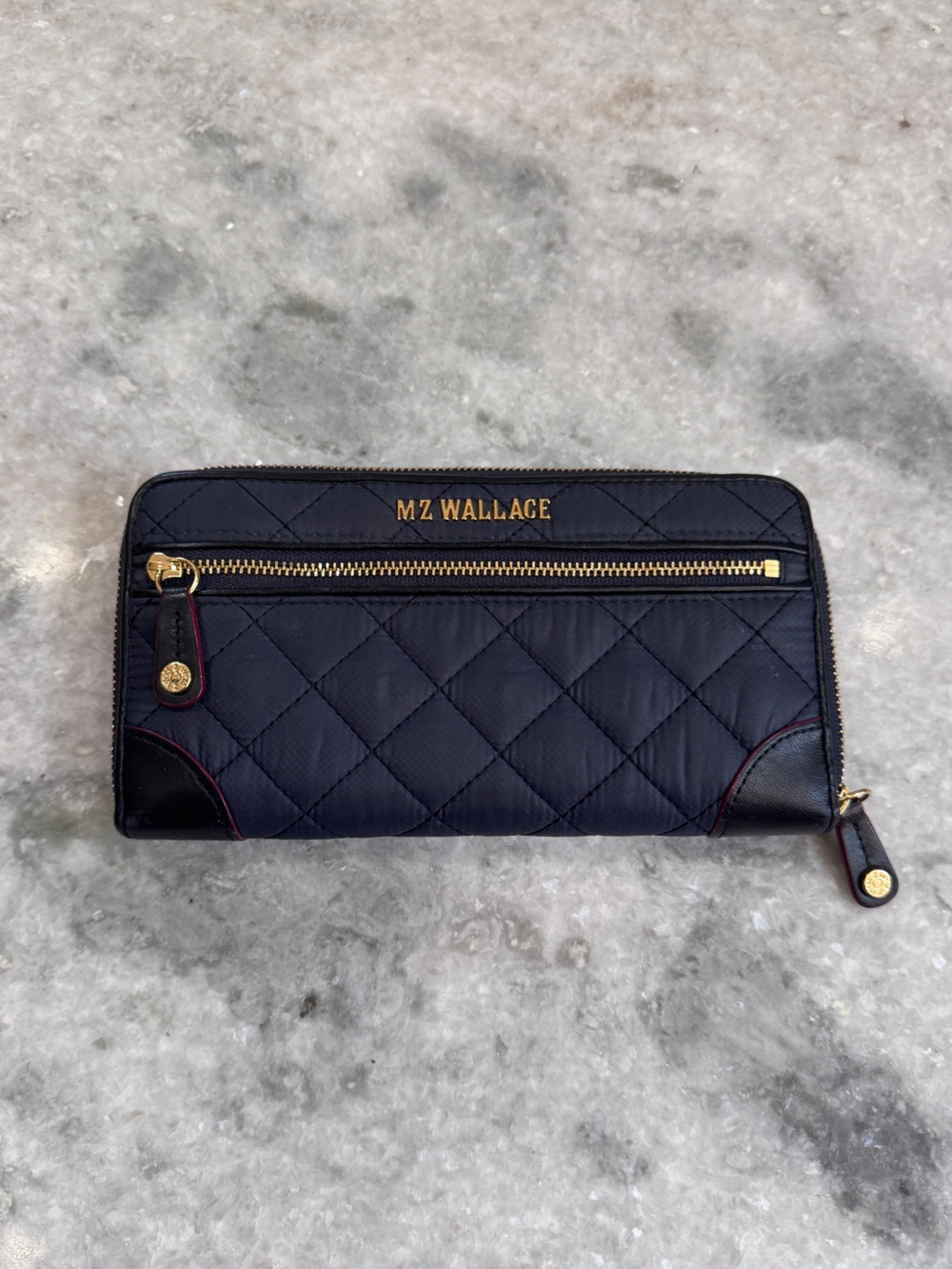 MZ Wallace Quilted Navy Wallet with Gold Hardware